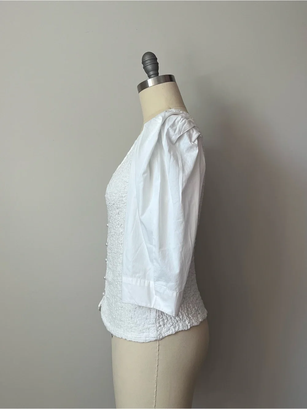 Anthropologie White Puff Sleeve Textured Button-Front Top